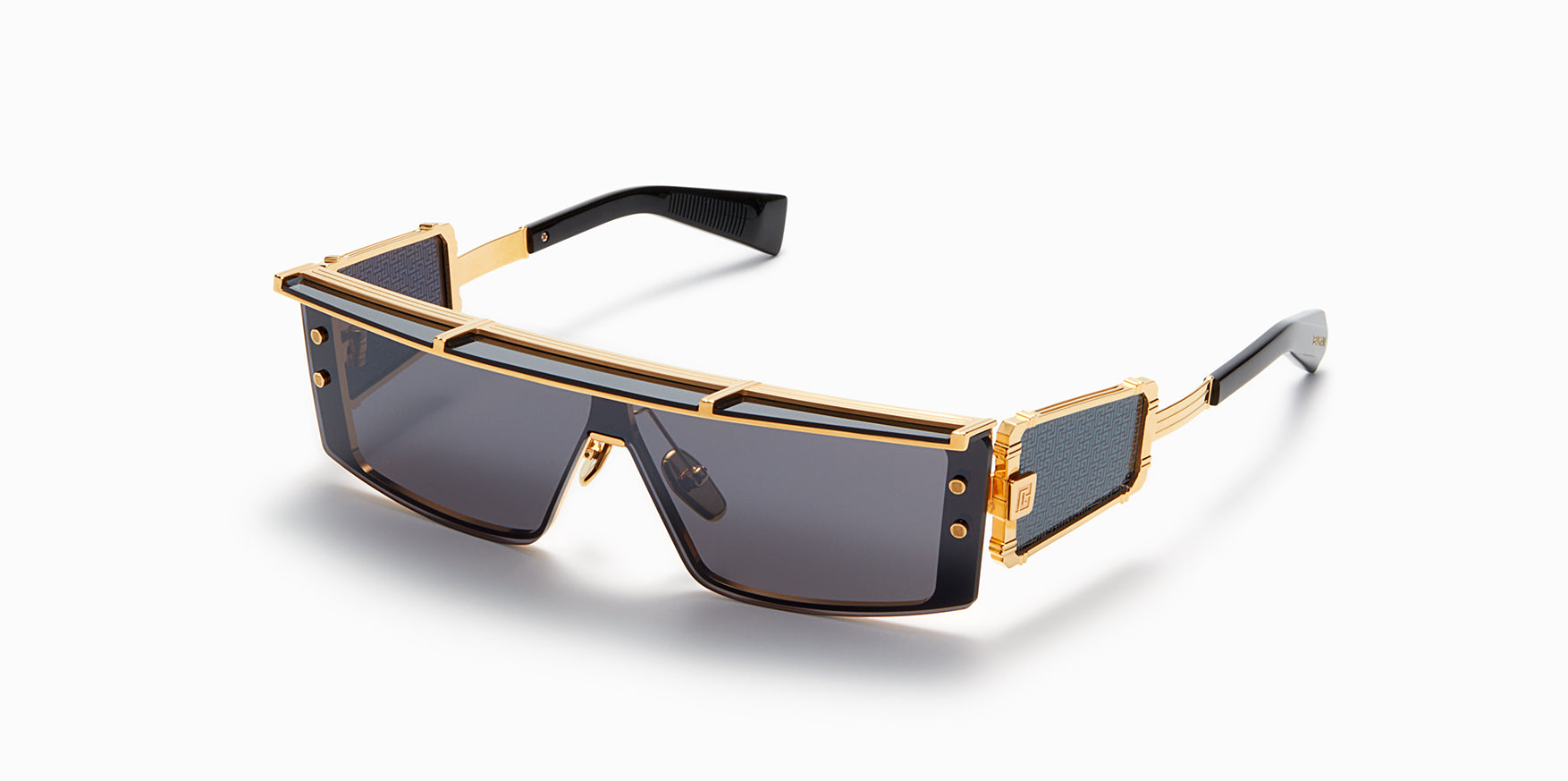 Unisex | Wonder Boy - III Sunglass | Gold - Black - Side Lens w /PB Pattern | Dark Grey w/ Black Mirror