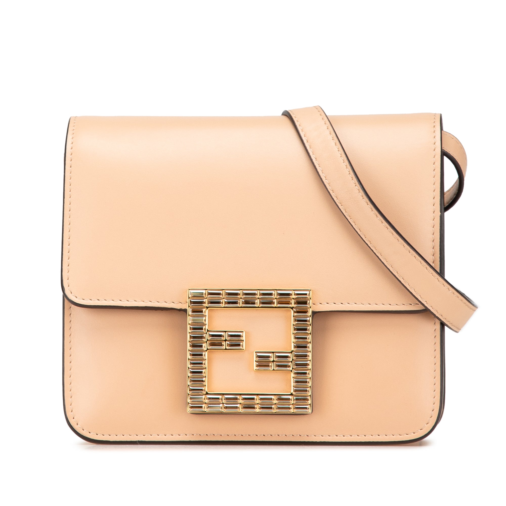 Fendi | Pre-Owned Leather Crystal Fab Crossbody | Brown/Beige