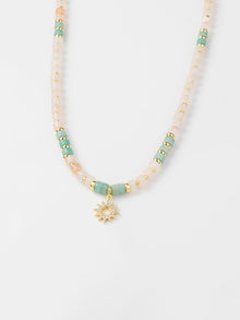 Sun Hues Beaded Necklace | Pink Opal/Amazonite/5A Grade Cubic Zirconia | 14K Gold Plated Brass