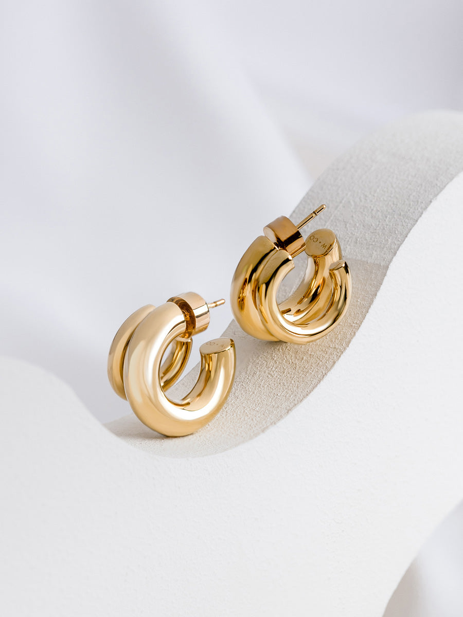 Hailey Double Nano Hoop 9mm Earrings  | 14K Gold Plated Brass