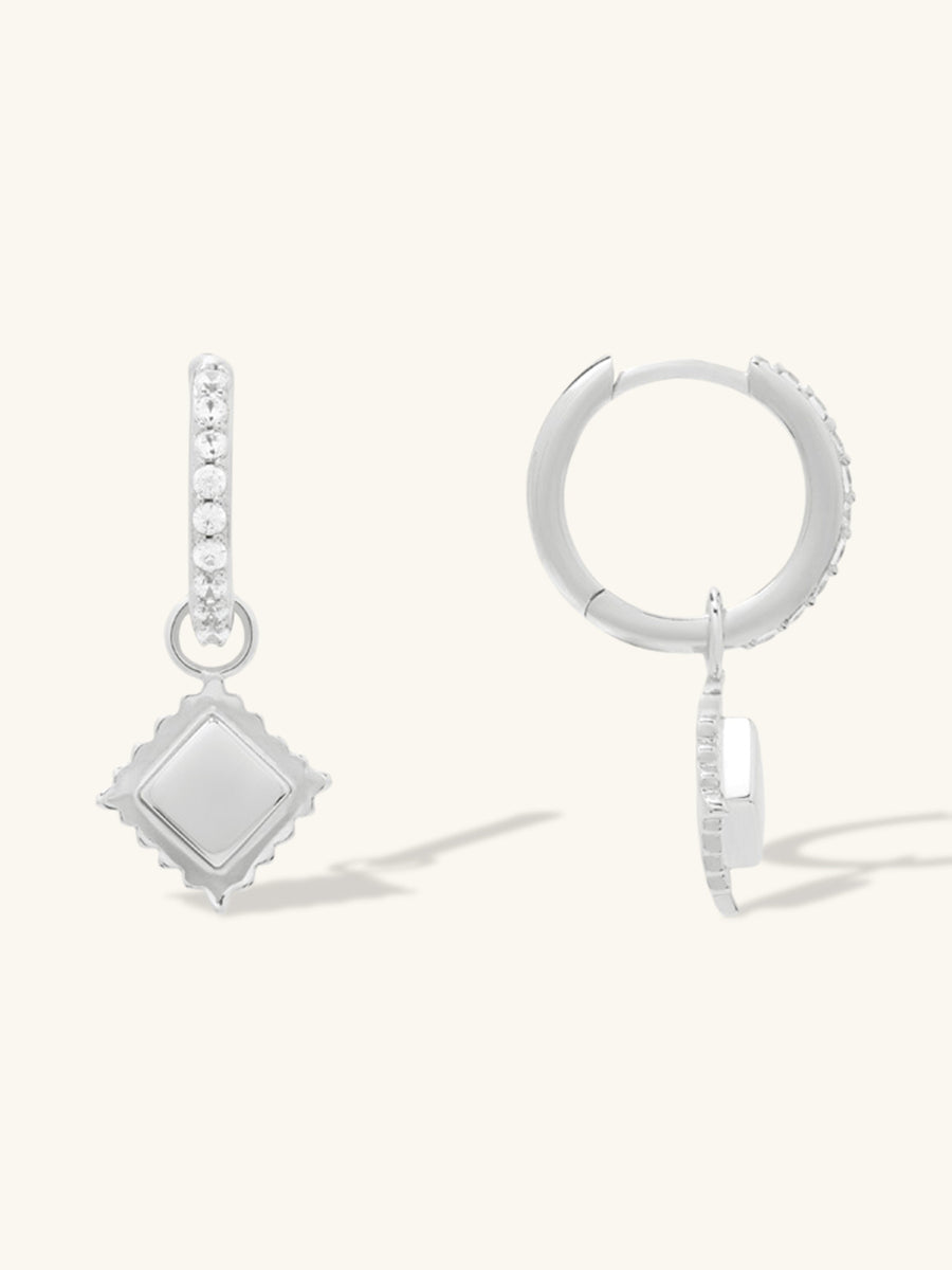 Ravioli Charm Huggie Earrings | 5A Grade Cubic Zirconia | Silver Rhodium Plated Brass