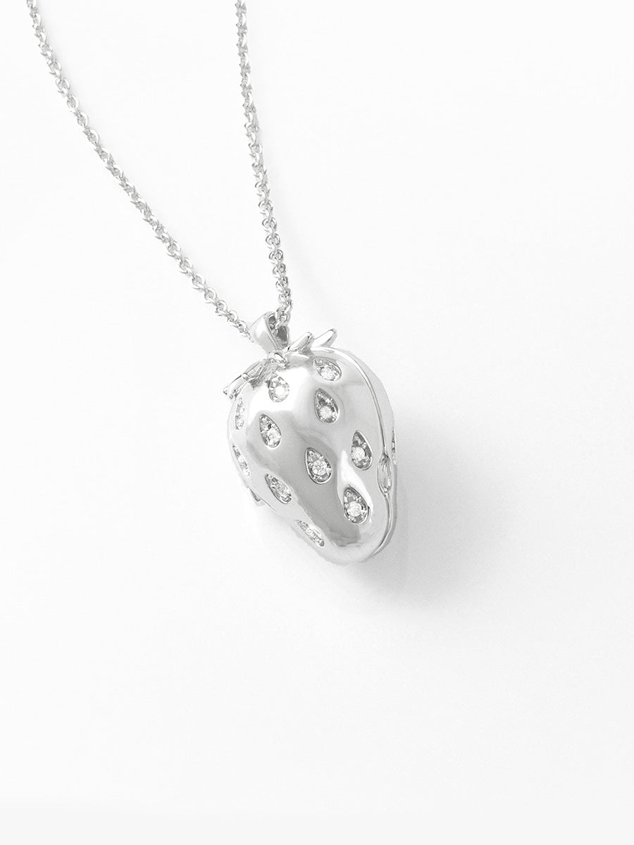 Strawberry Locket Necklace | 5A Grade Cubic Zirconia | Silver Rhodium Plated Brass