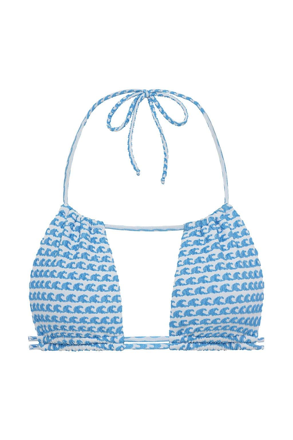 Blue and white wave patterned bikini top with halter ties and ruched cup detail.
