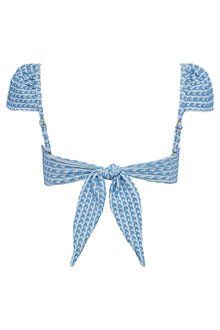Blue and white wave-patterned bikini top with ruched shoulder cups and tie-front closure.