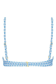 Blue and white wave print bikini top with adjustable straps and gold hardware clasp.