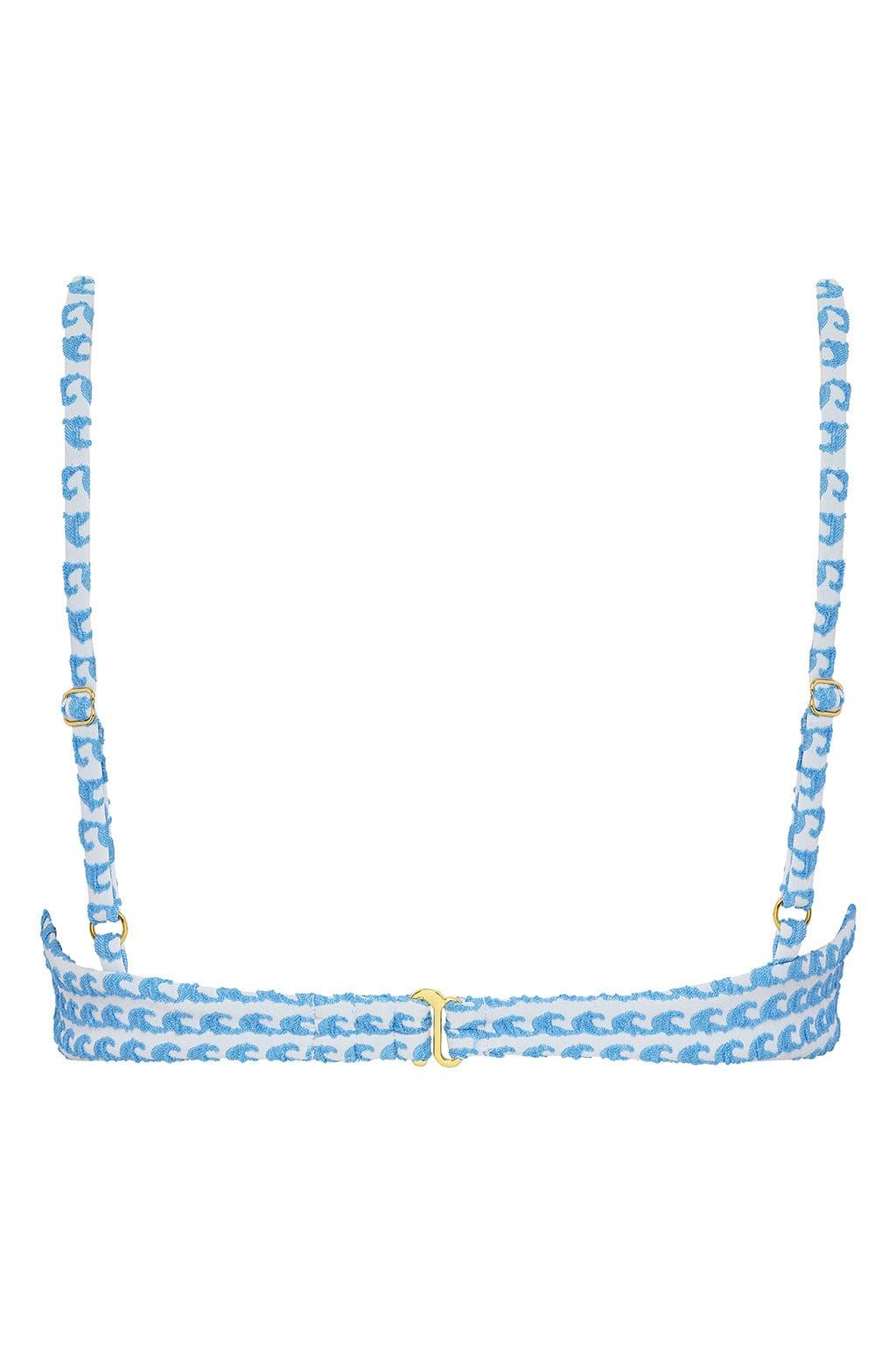 Blue and white wave print bikini top with adjustable straps and gold hardware clasp.