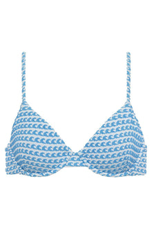 Blue and white wave pattern bikini top with thin adjustable straps and underwire cups.
