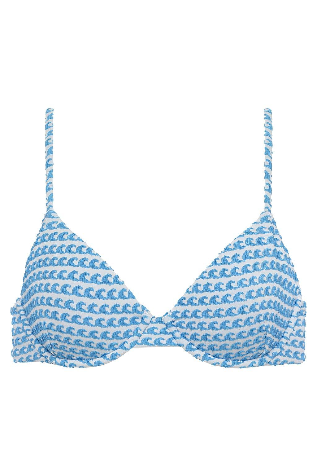 Blue and white wave pattern bikini top with thin adjustable straps and underwire cups.