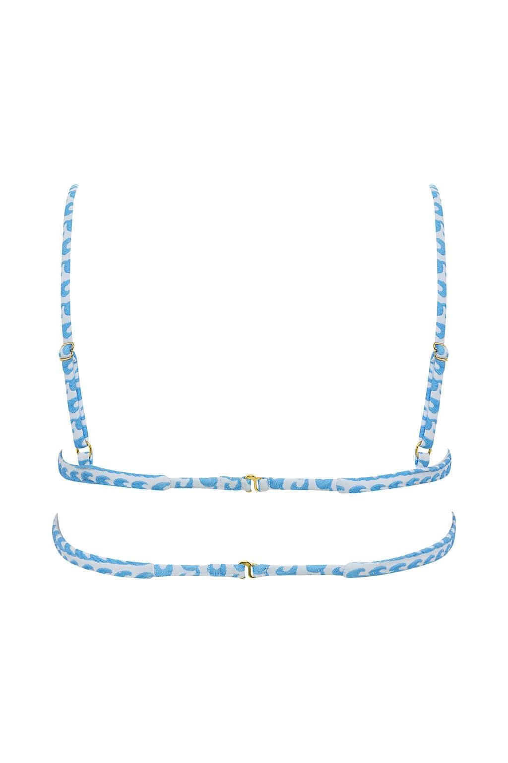 Blue and white wave-patterned bikini top with adjustable straps and gold-tone hardware, shown from back view.