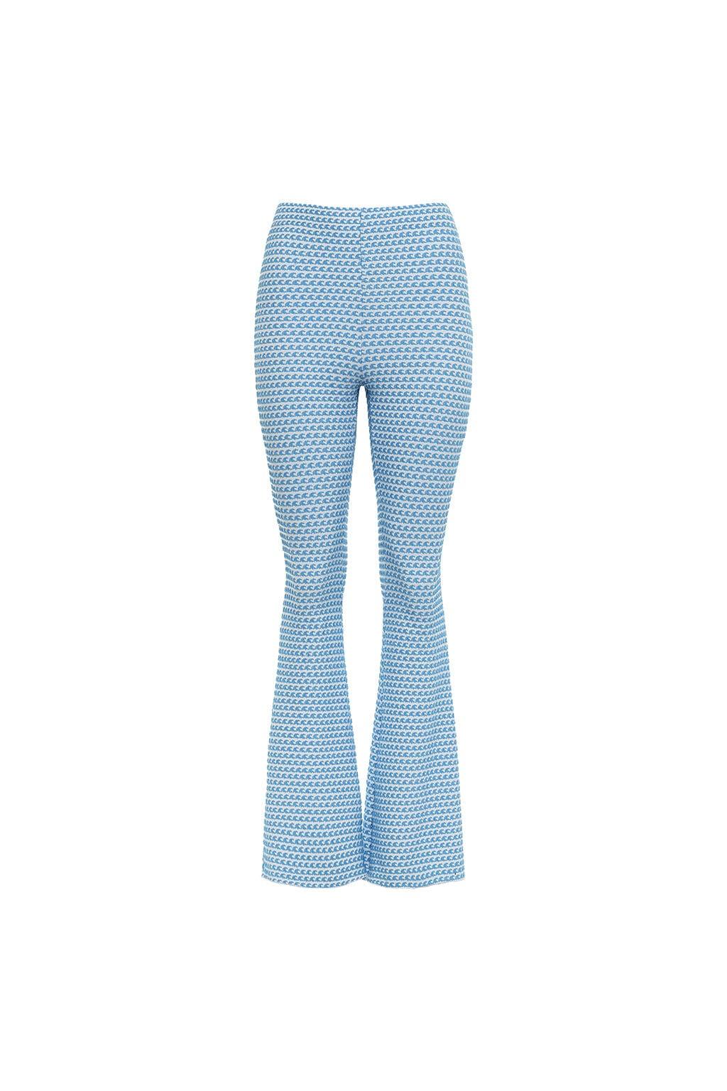 Blue and white wave patterned flare pants with a high waist and fitted thighs.