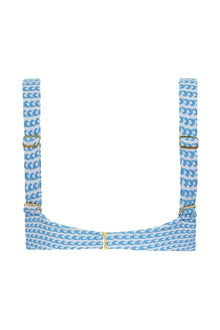 Blue and white wave pattern bikini top with gold-tone hardware and adjustable straps.