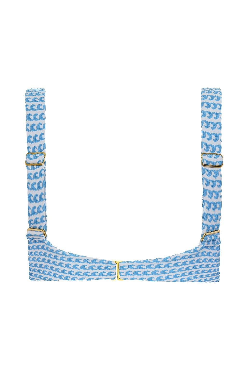 Blue and white wave pattern bikini top with gold-tone hardware and adjustable straps.