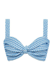 Blue and white wave print bikini top with bow-tie center and adjustable shoulder straps.