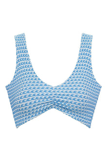 Blue and white wave print bikini top with wide shoulder straps and ruched center detail.