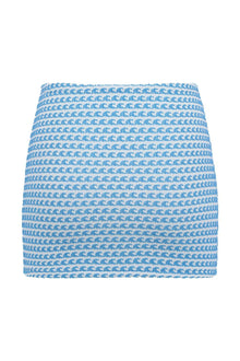 Blue and white micro skirt with repeating wave pattern throughout.