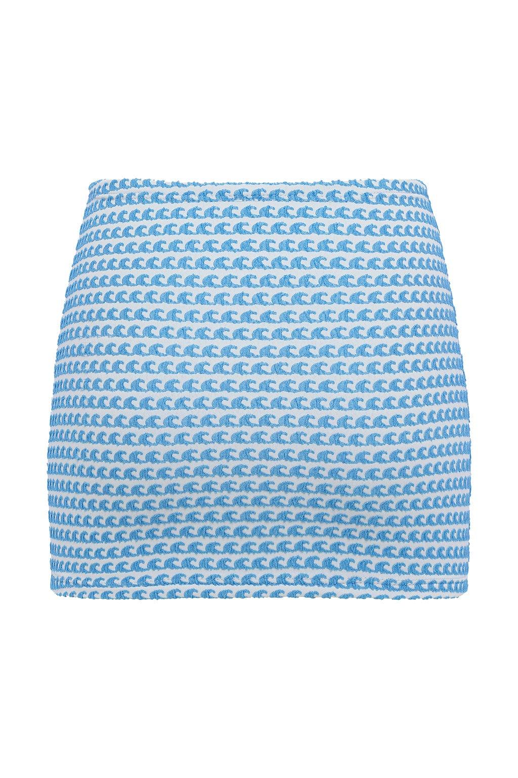 Blue and white micro skirt with repeating wave pattern throughout.