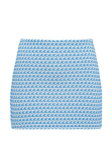 Blue and white micro skirt with repeating wave pattern throughout.
