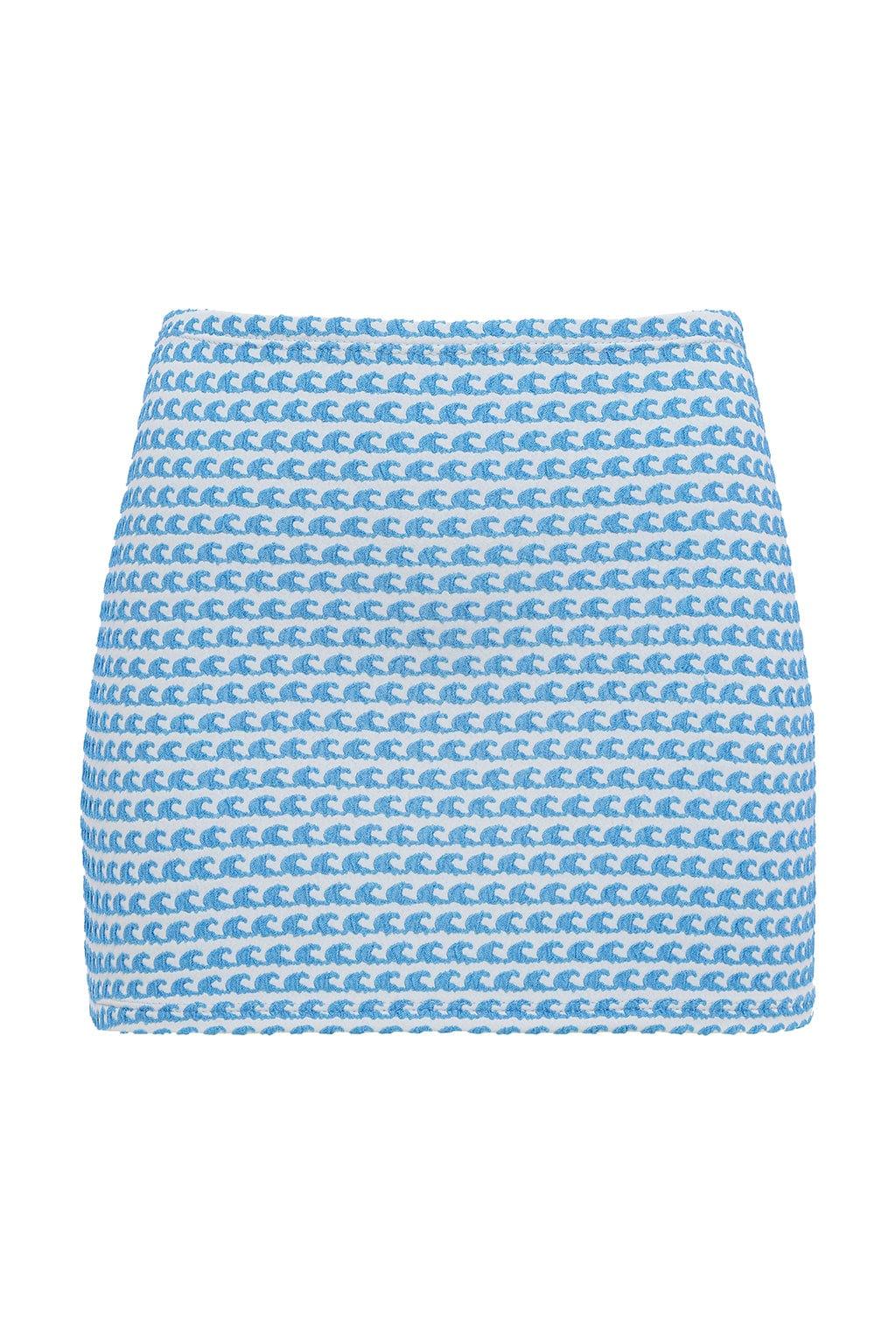 Blue and white micro skirt with repeating wave pattern throughout.