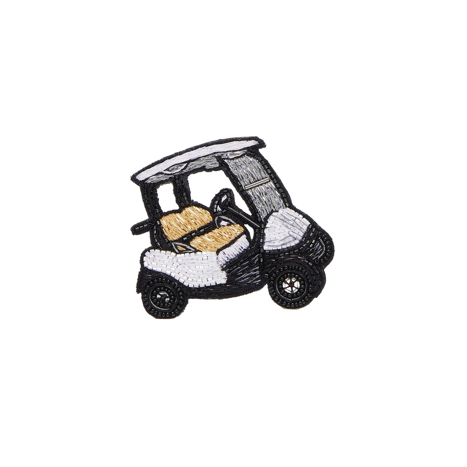 White, Black, and Gold Beaded Golf Cart Brooch on Flat White Background