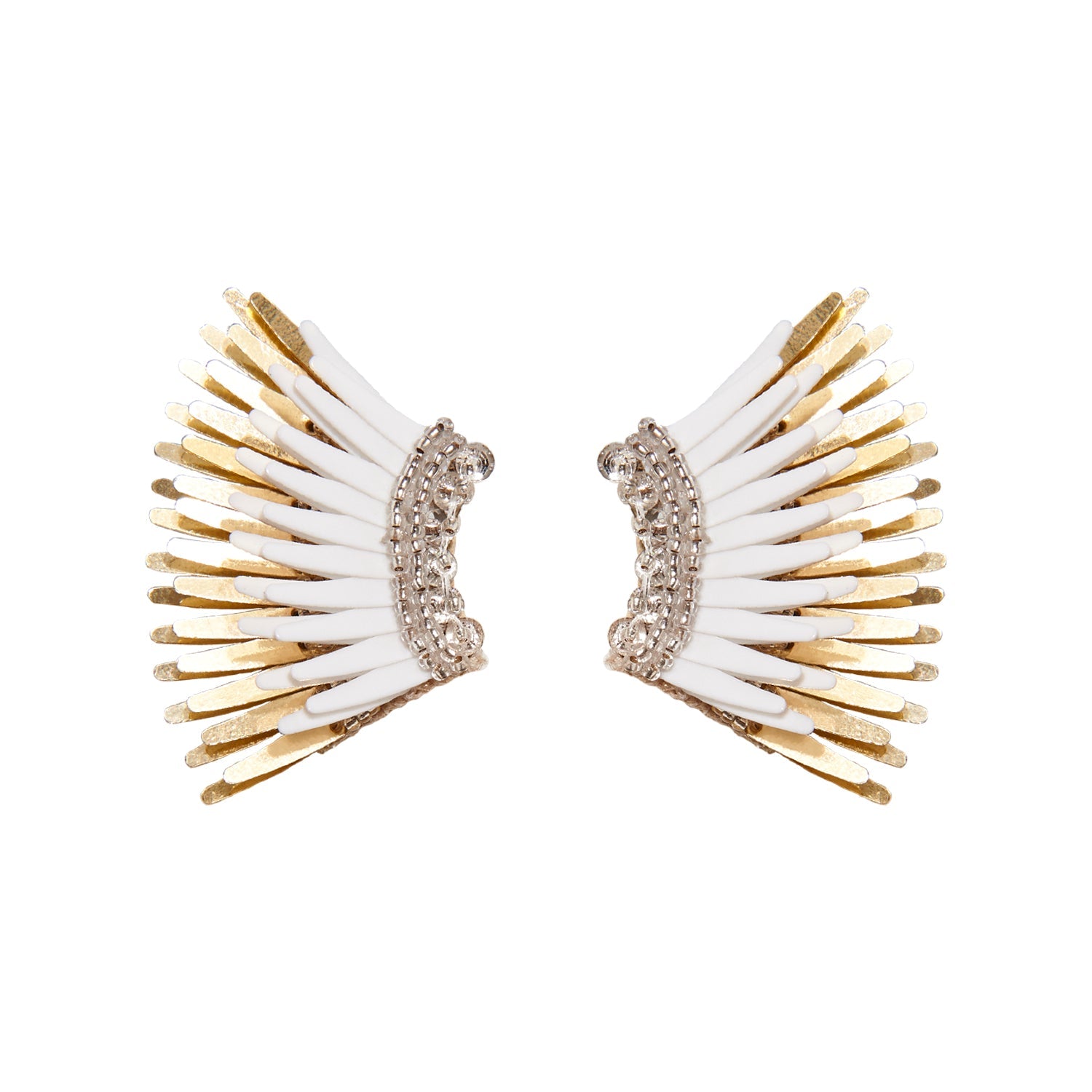 White Gold Sequin Wing Stud Earrings on Flat White Background