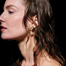 White Mother of Pearl and Gold Drop Earrings Styled on Model