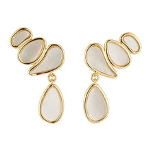 White Mother of Pearl and Gold Drop Earrings on Flat White Background