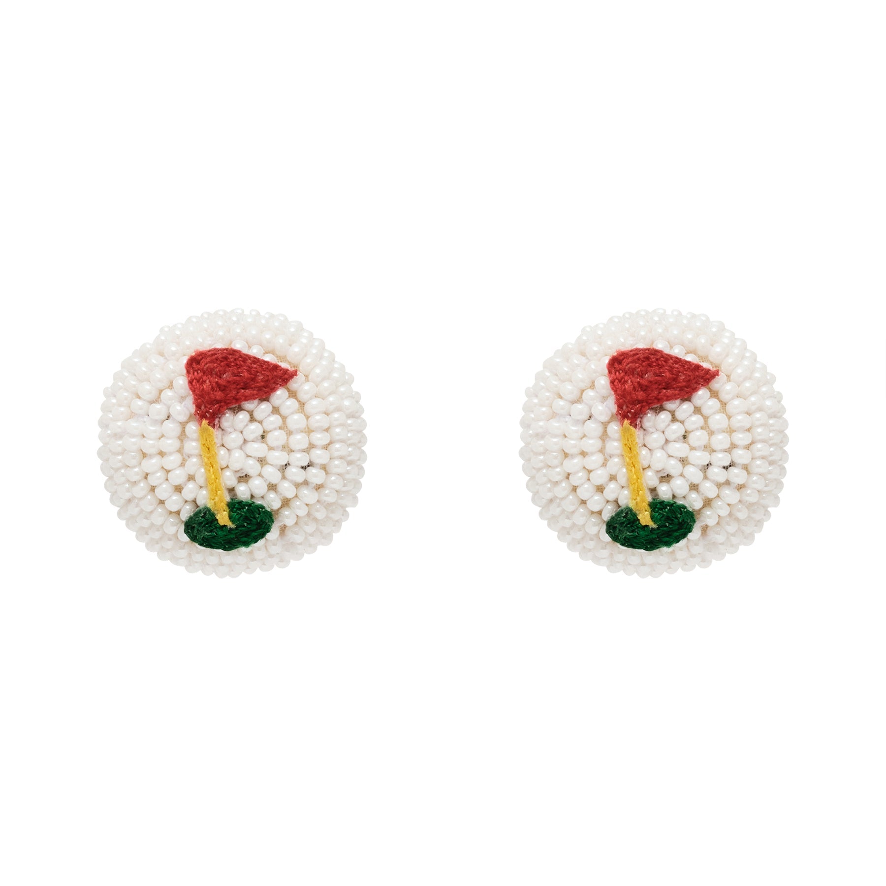Beaded Golf Flag Stud Earrings on Flat White Background