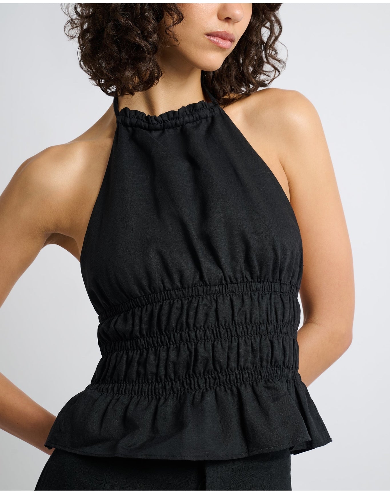 Women | Air Linen Smocked Halter Top | Black