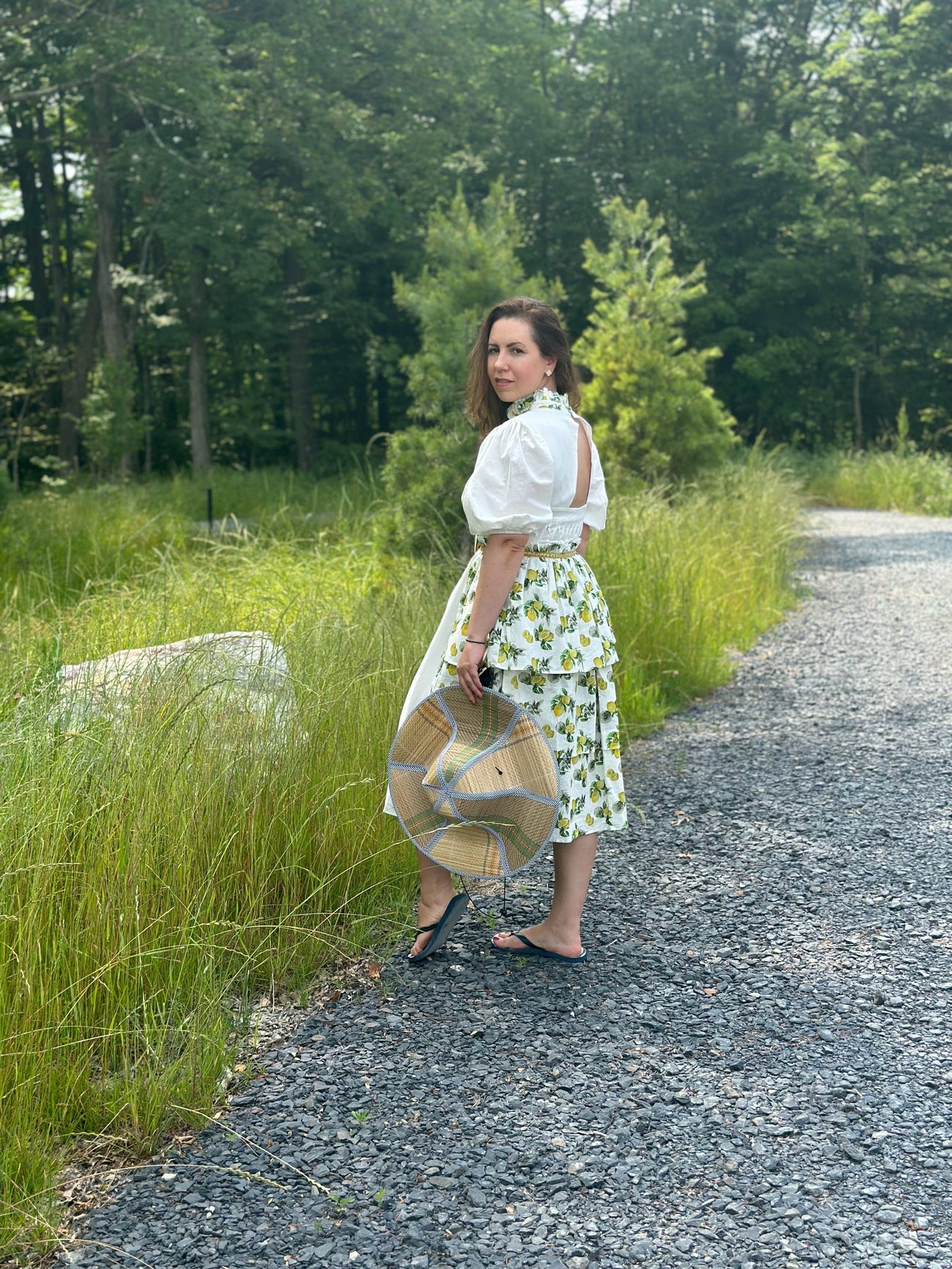 Women | Amalfi Lemon Print Linen Mom Dress | White x Green x Yellow
