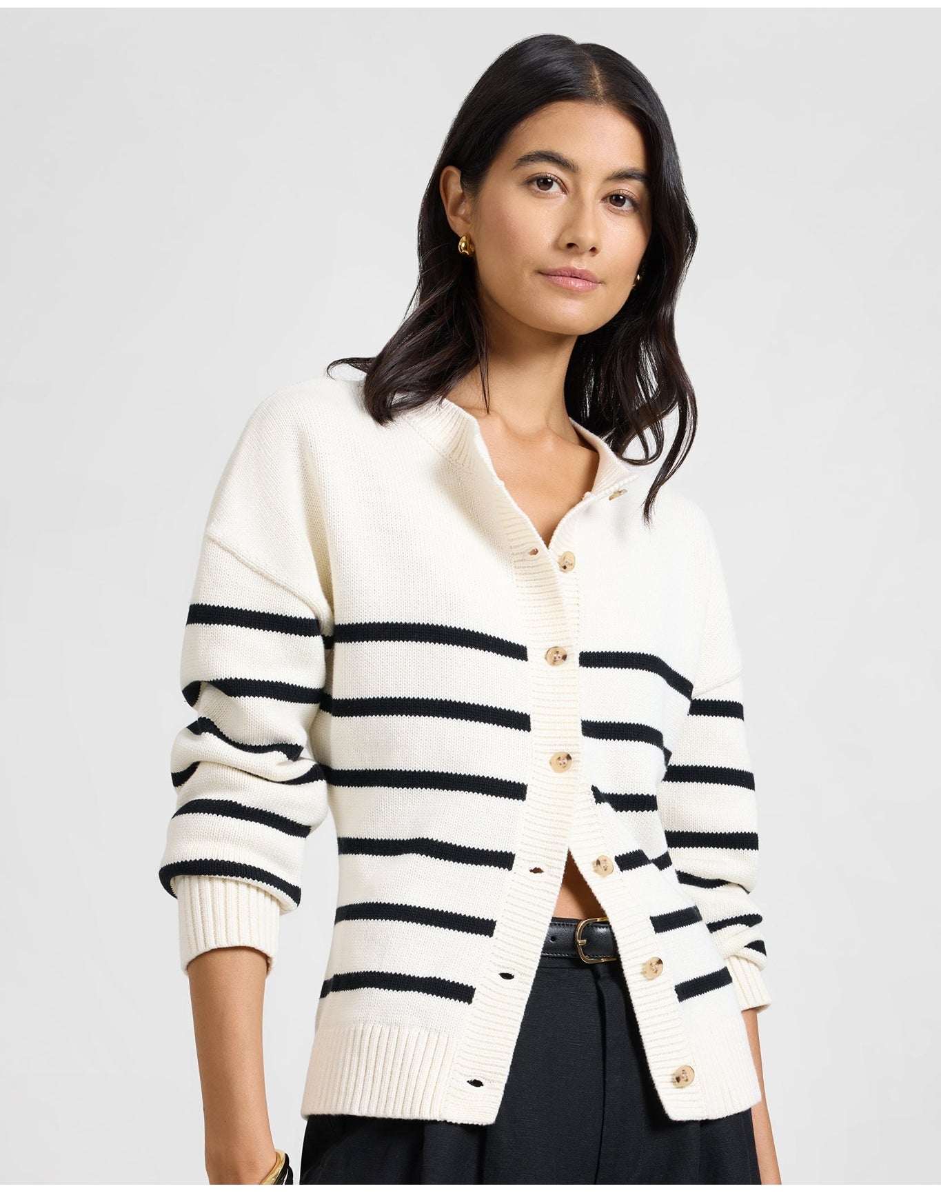 Women | Cotton Fitted Cardigan | Off White Black
