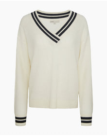 Women | Deep V Neck Varsity Pullover Sweater | Off White Black