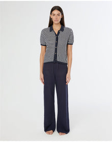 Women | Linen Knit Button Up Shirt | Deep Navy White