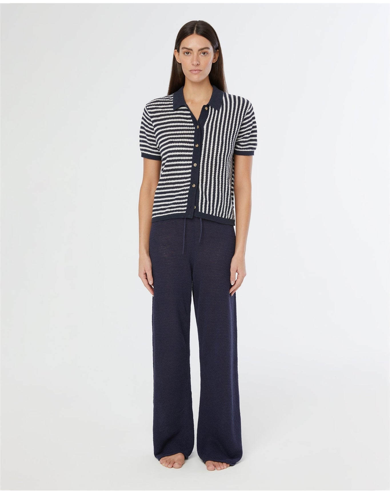 Women | Linen Knit Button Up Shirt | Deep Navy White