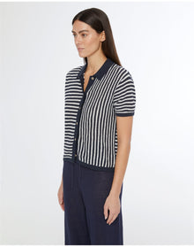 Women | Linen Knit Button Up Shirt | Deep Navy White