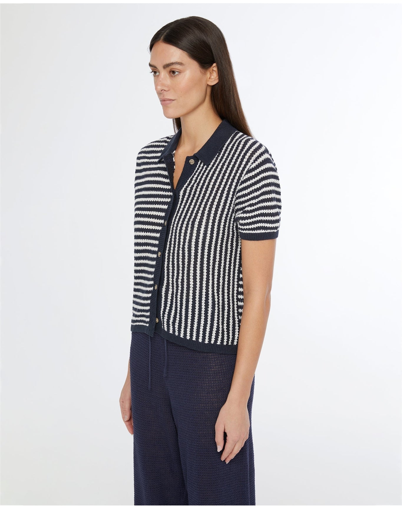 Women | Linen Knit Button Up Shirt | Deep Navy White