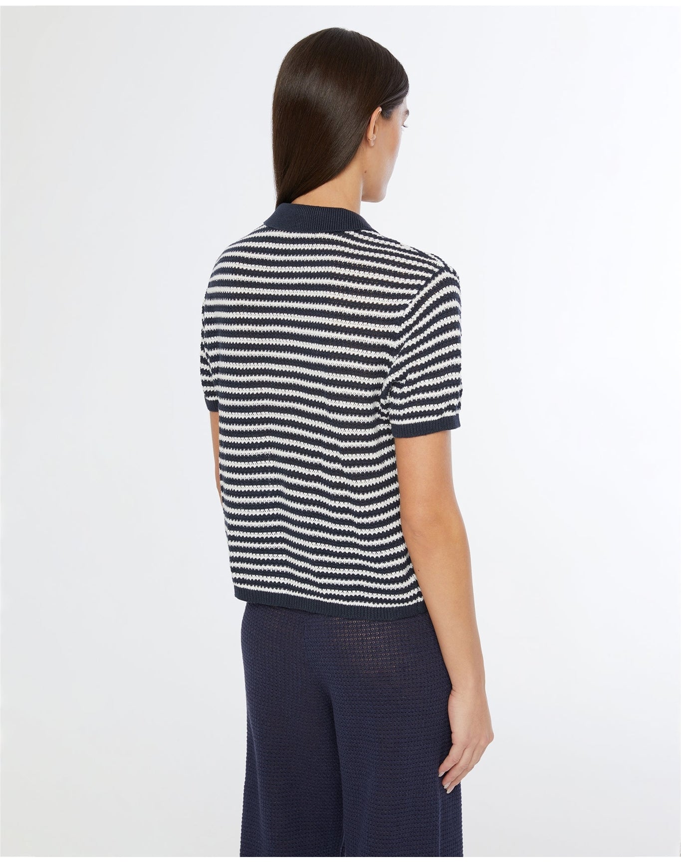 Women | Linen Knit Button Up Shirt | Deep Navy White