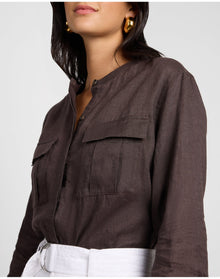 Women | Linen Utility Shirt | Espresso