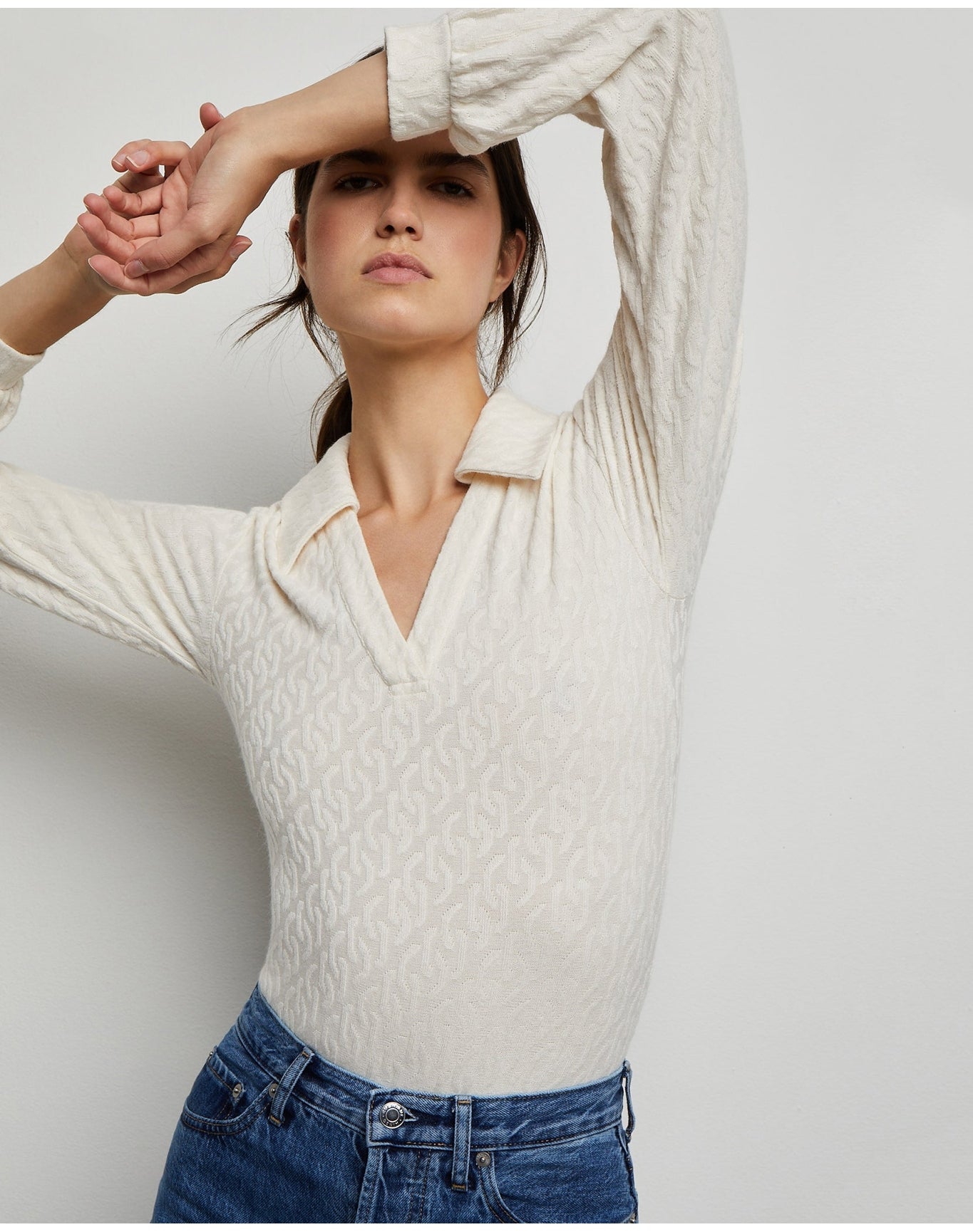 Women | Long Sleeve Polo Geo Knit Bodysuit | French Vanilla