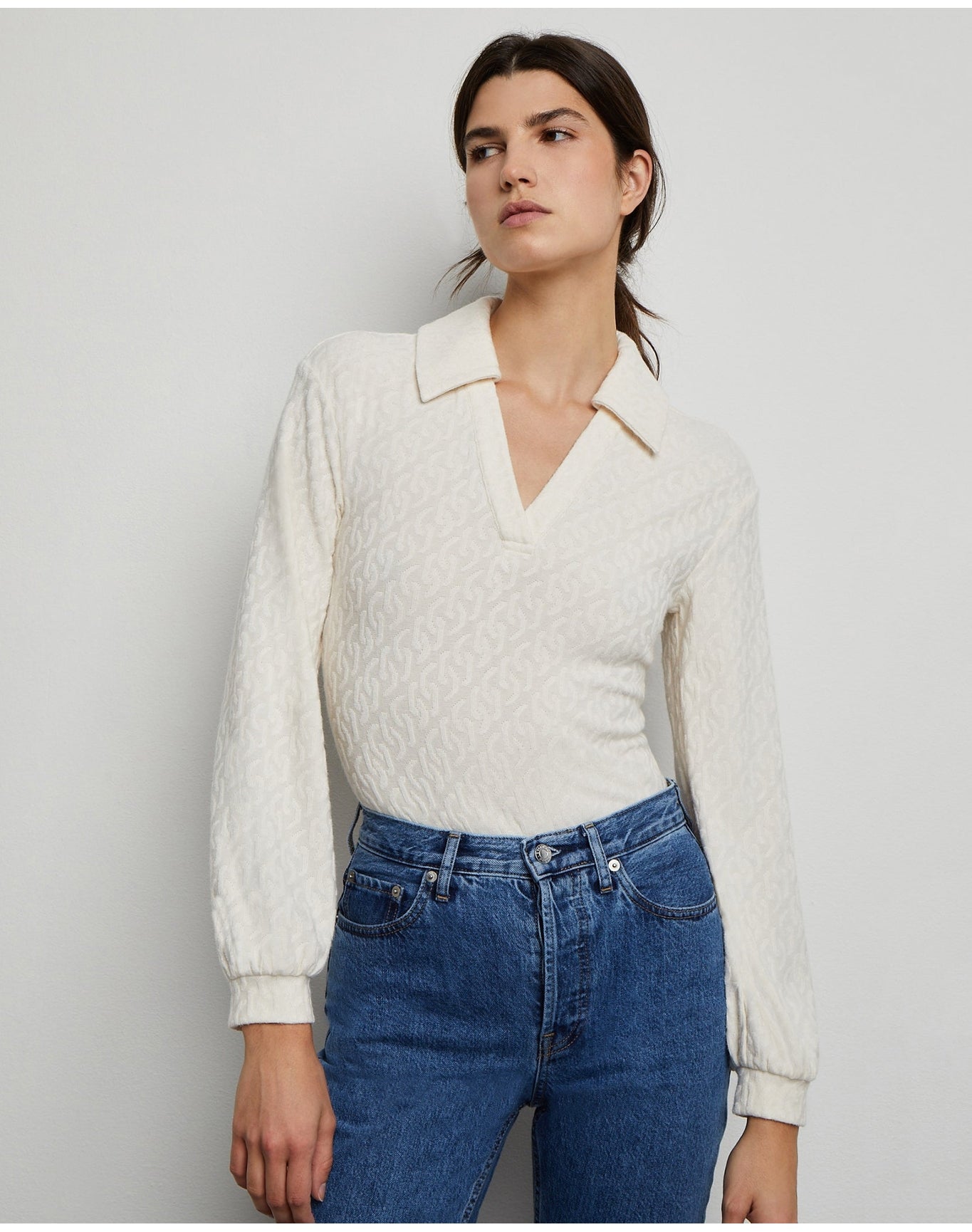 Women | Long Sleeve Polo Geo Knit Bodysuit | French Vanilla