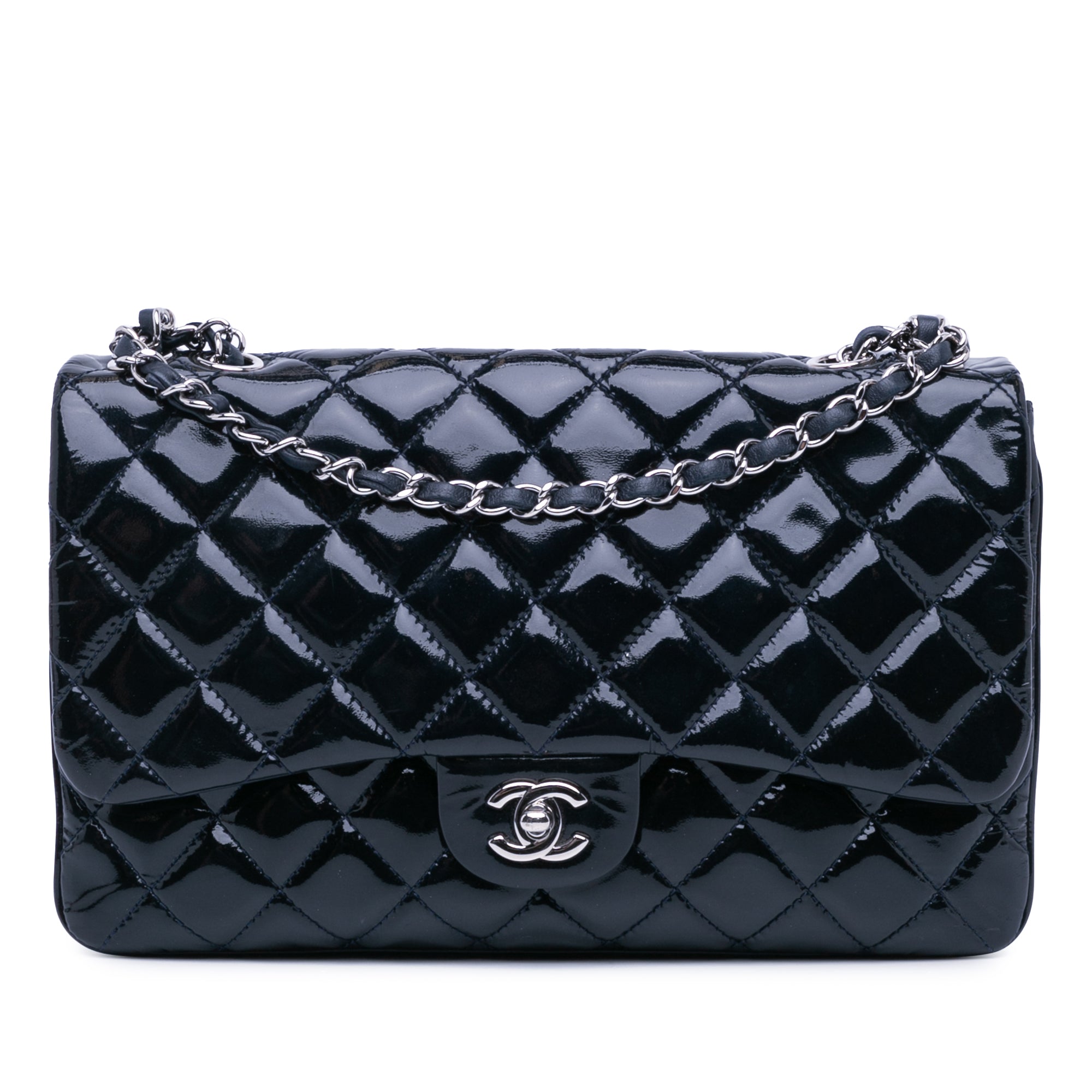 Chanel | Pre-Owned Jumbo Patent 3 Accordion Flap | Blue/Midnight Blue