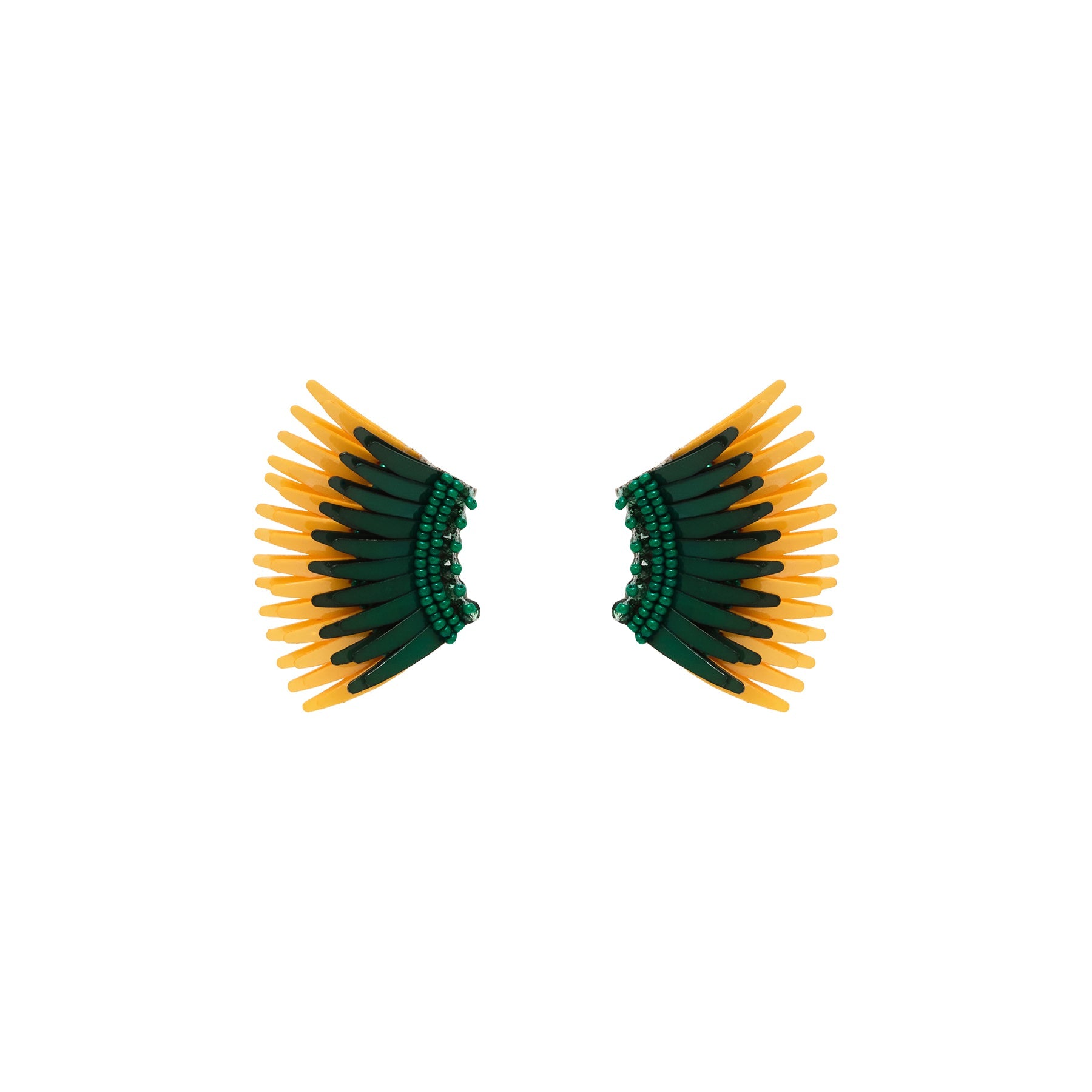 Green and Yellow Sequin and Bead Wing Stud Earrings on Flat White Background