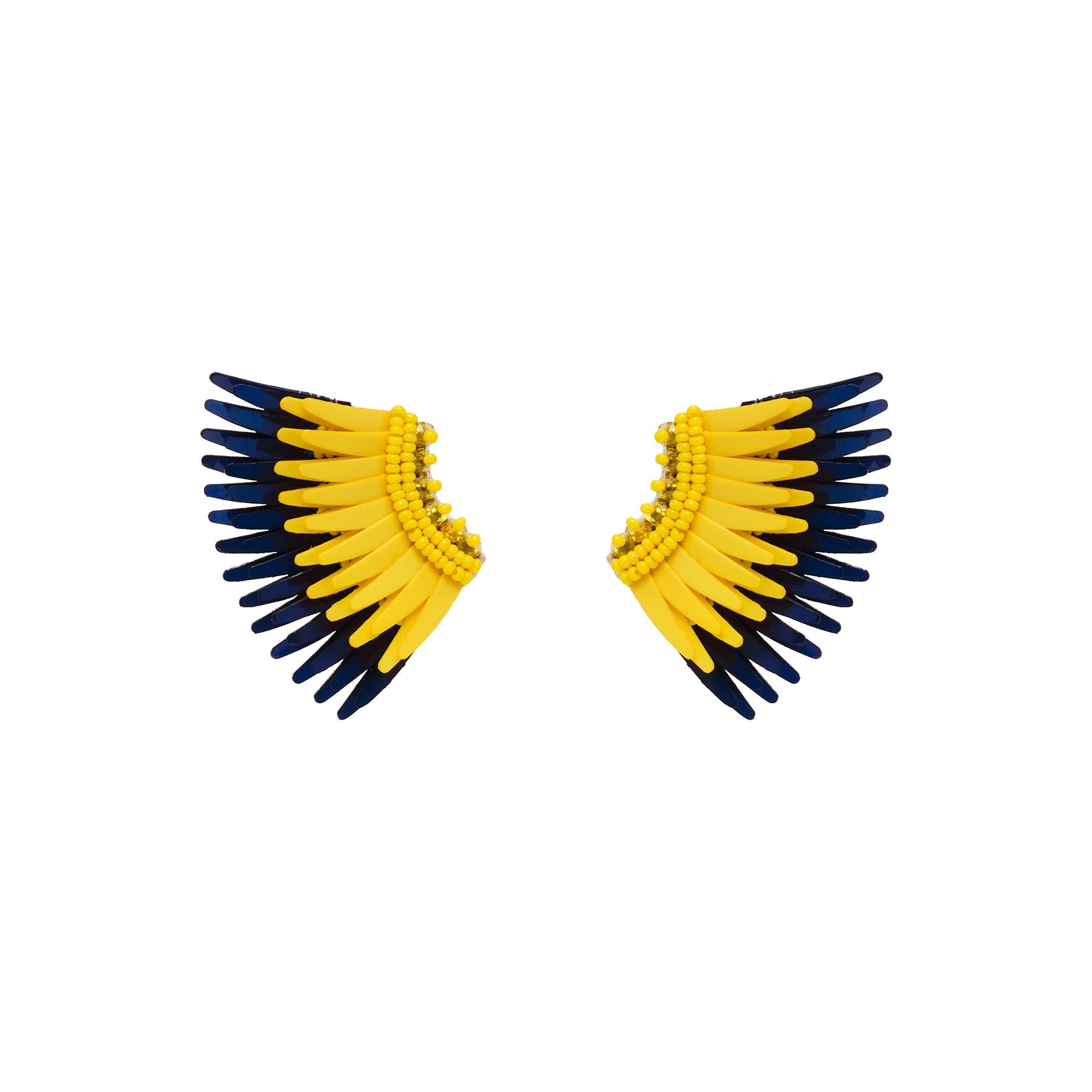 Yellow and Navy Wing Stud Earrings on Flat White Background