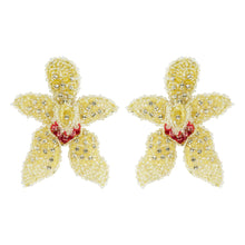 Yellow, Silver, and Pink Bead and Crystal Statement Flower Earrings on Flat White Background