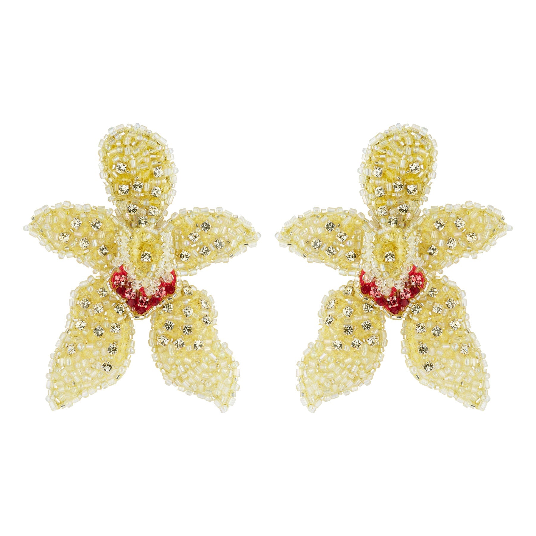 Yellow, Silver, and Pink Bead and Crystal Statement Flower Earrings on Flat White Background