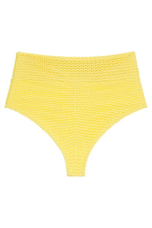 Yellow crochet bikini bottom with textured knit pattern and high-rise waistband.