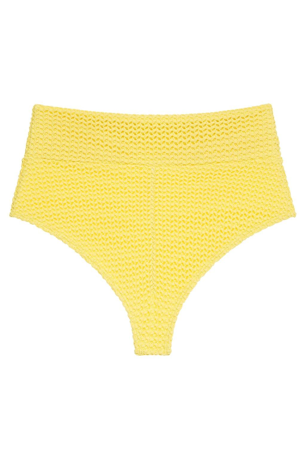 Yellow crochet bikini bottom with textured knit pattern and high-rise waistband.