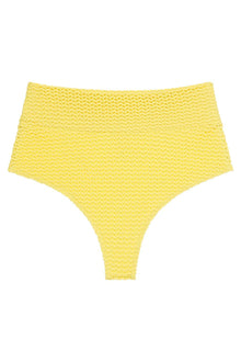 Yellow crochet textured high-rise bikini bottom with wide waistband and full coverage design.