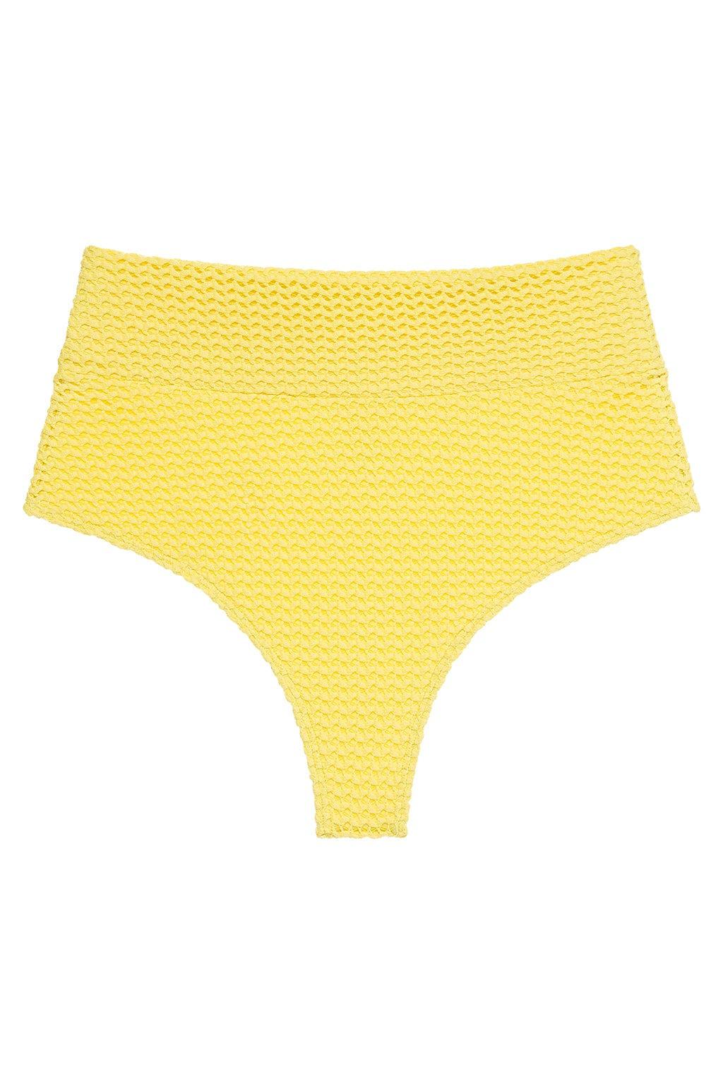 Yellow crochet textured high-rise bikini bottom with wide waistband and full coverage design.