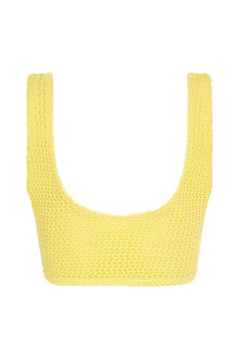 Yellow crochet bikini top with wide shoulder straps and textured knit pattern throughout.