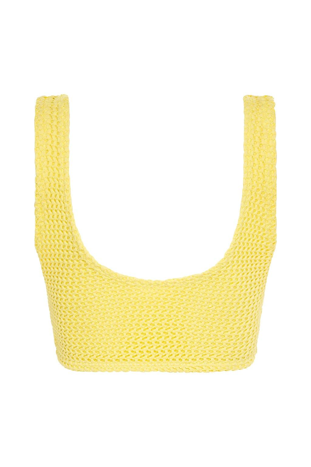 Yellow crochet bikini top with wide shoulder straps and textured knit pattern throughout.